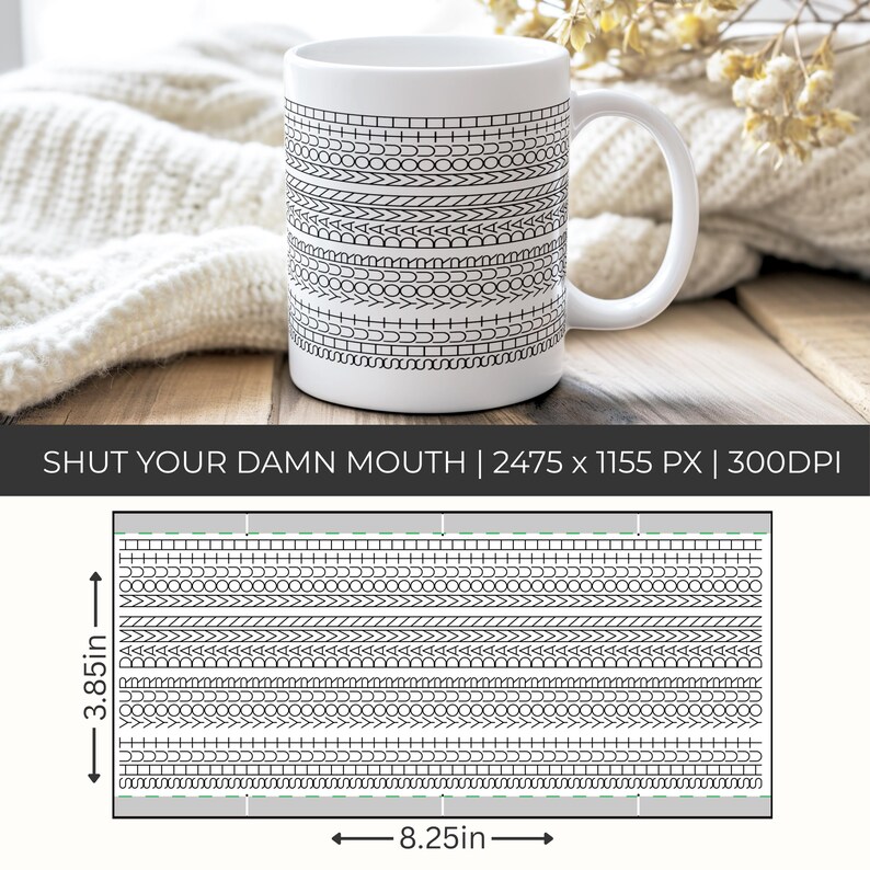 Op de afbeelding: Witte keramische mok met een zwart geometrisch patroon. De mok heeft een gebogen handvat en de tekst "SHUT YOUR DAMN MOUTH". De mok is 9,78 cm hoog en 20,96 cm breed.
