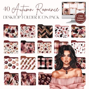 May include: A collection of 40 "Autumn Romance" desktop folder icons with various floral, leaf, and geometric patterns in shades of burgundy, brown, and pink. Includes a computer monitor with wallpaper organizers and a woman's illustration.