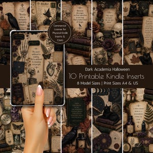 Puede incluir: Un conjunto de diez insertos imprimibles para Kindle con temas de dark academia y Halloween. Los diseños incluyen texturas de papel antiguo, esqueletos anatómicos, calaveras, gatos negros, cuervos, ilustraciones botánicas y citas.