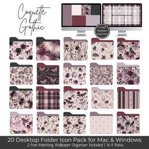 May include: A collection of 20 desktop folder icons with gothic and floral designs in shades of purple, black, and white. The image includes two computer monitors displaying matching wallpaper organizers. Text reads "Coquette Gothic" and "20 Desktop Folder Icon Pack for Mac & Windows."