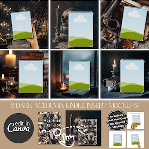 May include: A collection of six Kindle insert mockups with a dark academia theme. Each mockup features a Kindle device with a blue sky and green landscape design. The image includes a Canva logo and text that reads "Includes 3 Add Your Own Background Mockups."