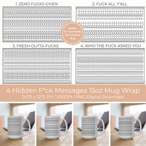 Könnte beinhalten: Ein digitaler Download mit vier versteckten Botschaften, darunter "ZERO FUCKS GIVEN" und "FUCK ALL Y'ALL", für eine 440 ml Becher-Umwicklung. Das Design ist in Schwarzweiß gehalten und zeigt verschiedene geometrische Muster.