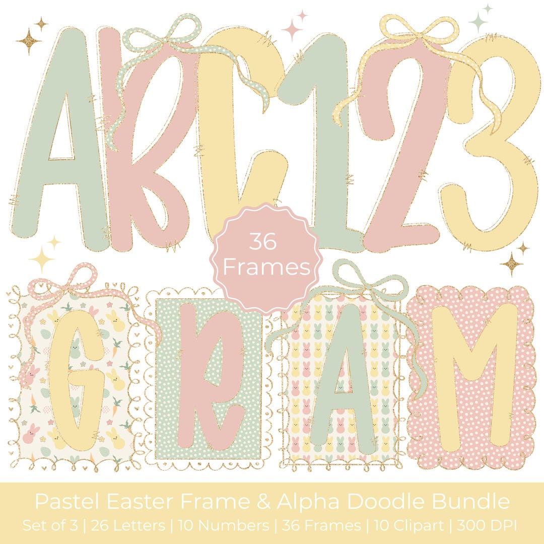 Preppy Easter Alphabet PNG Bundle, Spring Alpha Doodle Letters, Numbers ...
