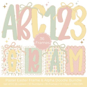 May include: Pastel Easter-themed digital art bundle featuring letters, numbers, and frames. The letters and numbers are in soft pastel colors with decorative bows. The frames have Easter-themed patterns and the text "36 Frames".
