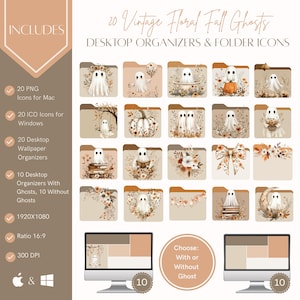 May include: A digital art collection featuring 20 vintage floral fall ghost desktop organizers and folder icons. The icons include ghost illustrations with floral and autumn elements. The image also includes a computer screen displaying the desktop organizers.