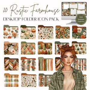 May include: A collection of 20 rustic farmhouse desktop folder icons with various autumn-themed designs, including pumpkins, leaves, and floral patterns. The image also includes a computer monitor displaying a matching wallpaper organizer.