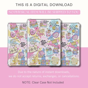 May include: Three digital download phone case designs with a colorful bookish theme. Each case features a variety of illustrations, including books, hearts, and the text "In My Bookish Girlie Era." The cases are decorated with pastel colors and whimsical graphics.
