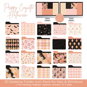 May include: A digital collection of 20 desktop folder icons for Mac and Windows featuring Preppy Coquette Halloween patterns in pink, black, and orange. Includes two matching wallpaper organizers with text reading Preppy Coquette Halloween.