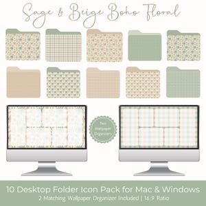 Peut inclure: Un produit numérique avec dix icônes de dossiers de bureau aux motifs floraux et à carreaux vert sauge et beige. Le produit comprend deux organisateurs de fond d'écran assortis pour Mac et Windows, au format 16:9. Le texte indique "Sage & Beige Boho Floral."