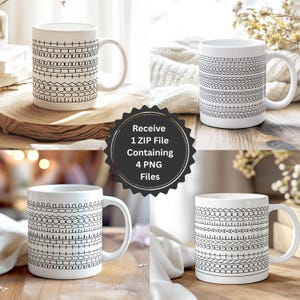 Op de afbeelding: Vier witte keramische mokken met zwarte geometrische patronen. Elke mok heeft een ander ontwerp, waaronder lijnen, streepjes en gebogen vormen. De mokken worden gepresenteerd op een houten oppervlak. De afbeelding bevat de tekst: "Receive 1 ZIP File Containing 4 PNG Files."