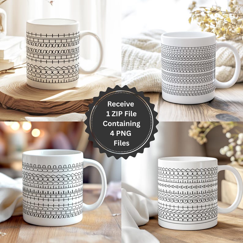 Op de afbeelding: Vier witte keramische mokken met zwarte geometrische patronen. Elke mok heeft een ander ontwerp, waaronder lijnen, streepjes en gebogen vormen. De mokken worden gepresenteerd op een houten oppervlak. De afbeelding bevat de tekst: "Receive 1 ZIP File Containing 4 PNG Files."