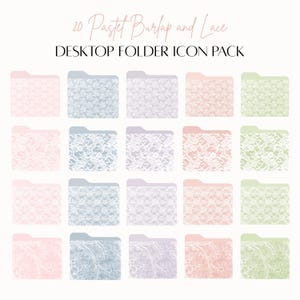 May include: A set of 20 pastel burlap and lace desktop folder icons. The icons are arranged in a grid of four rows and five columns. Each icon features a different colour and pattern, but they all share a similar style. These icons are ideal for organising your computer desktop.