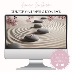 May include: A computer monitor displays a Japanese Zen garden scene with a path of stones in a sand garden, with cherry blossoms. The text "Japanese Zen Garden Desktop Wallpaper & Icon Pack" is at the top. The monitor has a ratio of 16:9.