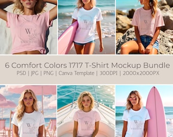 Paquete de maquetas de camisetas Blossom & White Comfort Colors 1717 para un estilo de vida veraniego en la playa y la costa.