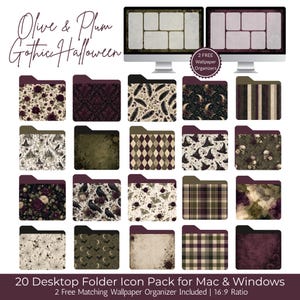 May include: A digital desktop folder icon pack featuring 20 designs with olive and plum gothic Halloween patterns, including floral, skull, raven, and plaid motifs. Includes two matching wallpaper organizers for Mac and Windows computers.
