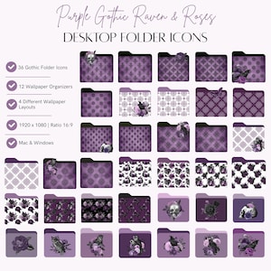 May include: A set of purple desktop folder icons featuring gothic raven and rose designs. The image showcases 36 gothic folder icons, 12 wallpaper organisers, and 4 different wallpaper layouts. The resolution is 1920 x 1080 with a 16:9 ratio, compatible with Mac and Windows.