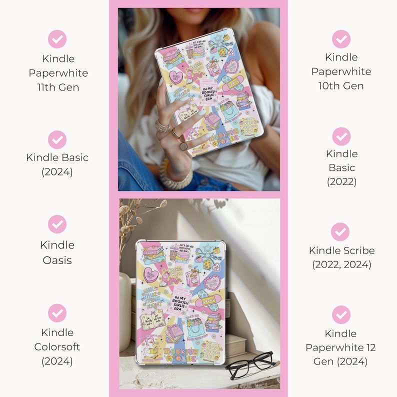 May include: A clear Kindle case with a colorful design featuring books, desserts, and text that reads "In My Bookish Era." The case is compatible with various Kindle models, including Paperwhite, Basic, Oasis, and Scribe.