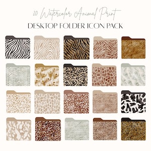 Peut inclure: Un ensemble de 20 icônes de dossiers d'impression animale aquarelle. Les icônes présentent divers imprimés animaliers, notamment le zèbre, le léopard, la girafe et le serpent. Les icônes sont parfaites pour organiser vos fichiers informatiques.