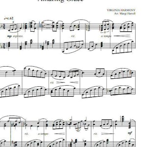 May include: Sheet music for the song "Amazing Grace" arranged for piano by Margi Harrell. The music is written in standard notation with a key signature of C major and a time signature of 4/4. The music includes a tempo marking of c.62 and a dynamic marking of mp (mezzo piano).