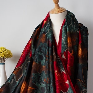 Elegant Red Floral Scarf - Luxurious Silky Polyester Wrap for Women