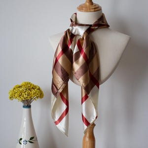 Plaid Satin Neck Scarf – Red, Beige & Brown Checkered Neckerchief for Women