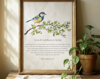 Matthew 6:25-26 Scripture Print, Watercolor Bird, Vintage Christian Wall Art (Digital Download)