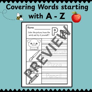 Puede incluir: Una hoja de trabajo para aprender palabras que comienzan con las letras A-Z. La p&aacute;gina incluye un cerdo, un pincel, una pizza y un l&aacute;piz. El texto dice "Covering Words starting with A-Z" y "Color the picture, trace the word, and try it yourself!"