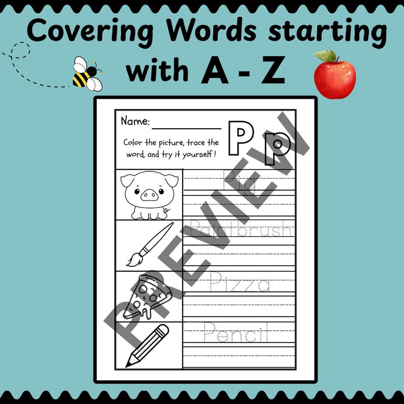Puede incluir: Una hoja de trabajo para aprender palabras que comienzan con las letras A-Z. La p&aacute;gina incluye un cerdo, un pincel, una pizza y un l&aacute;piz. El texto dice "Covering Words starting with A-Z" y "Color the picture, trace the word, and try it yourself!"