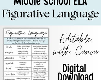 May include: A digital download graphic for middle school ELA, featuring a list of figurative language terms. The terms include simile, metaphor, alliteration, hyperbole, irony, symbolism, personification, and onomatopoeia. The graphic is editable with Canva.