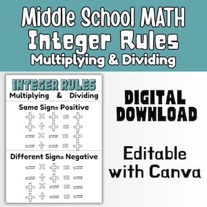 May include: A teal banner displays "Middle School MATH Integer Rules Multiplying & Dividing" above a white chart. The chart details integer rules for multiplying and dividing, with examples. The words "Digital Download" and "Editable with Canva" are also visible.