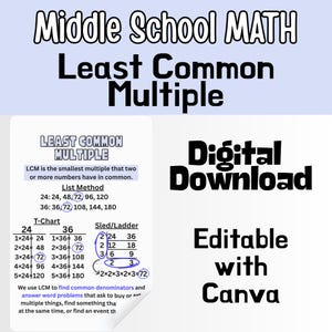 May include: A digital download graphic for middle school math, focusing on the Least Common Multiple (LCM). The image includes examples using the list method, T-chart, and sled/ladder methods, with the text "Editable with Canva."