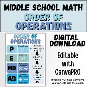 May include: A digital download graphic for middle school math, focusing on the order of operations. The poster includes the acronym PEMDAS, with examples for each step. The text also includes "Editable with CanvaPRO".