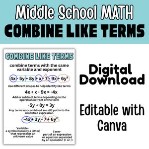 May include: A digital download for middle school math, focusing on combining like terms. The poster includes examples, definitions, and is editable with Canva. The design features a teal background with black and white text.