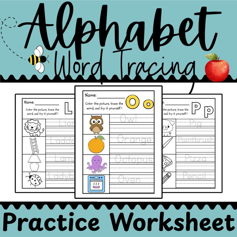 Puede incluir: Hoja de trabajo de pr&aacute;ctica de Alphabet Word Tracing con ilustraciones de un le&oacute;n, un b&uacute;ho, un cerdo y otros objetos. La hoja de trabajo incluye el trazado de letras y palabras. Tambi&eacute;n se muestra una abeja y una manzana.