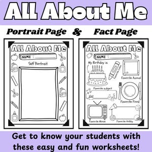 Könnte beinhalten: Schwarz-Weiß-Arbeitsblätter mit dem Titel "All About Me" mit einer Porträtseite und einer Faktenseite. Die Porträtseite bietet Platz für ein Selbstporträt. Die Faktenseite enthält Bereiche für Lieblingsdinge.
