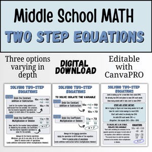 May include: A digital download graphic with the title "Middle School MATH TWO STEP EQUATIONS." The image shows three options for solving two-step equations, including step-by-step instructions and examples. The text also mentions that the document is editable with CanvaPRO.