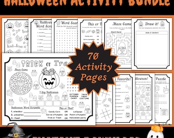 May include: A Halloween Activity Bundle with 70 pages of games and puzzles. The image features word searches, mazes, drawing prompts, and other fun activities. The bundle includes a pumpkin with a witch hat and a ghost.