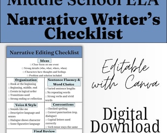 Lista de verificación para la edición de escritura narrativa, Lengua y Literatura Inglesa para la escuela intermedia, plantilla editable de Canva (descarga digital)