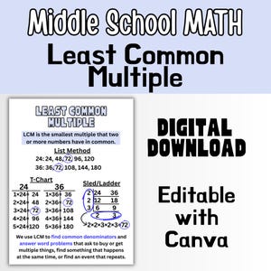 May include: A digital download for middle school math, focusing on the Least Common Multiple (LCM). The image includes examples using the list method, T-chart, and sled/ladder methods, with the text "Editable with Canva."