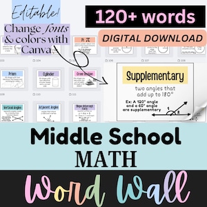 May include: A digital download math word wall for middle school students. The image features various math concepts, including geometry and algebra, with examples and definitions. The text includes "Editable! Change fonts & colors with Canva" and "120+ words".