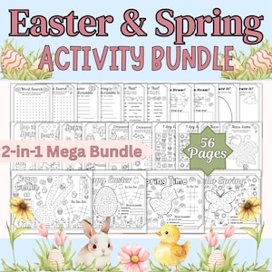 May include: An Easter & Spring Activity Bundle with 56 pages of games and puzzles. Includes word searches, mazes, and drawing activities. Features a 2-in-1 Mega Bundle with images of Easter eggs, bunnies, chicks, and flowers.