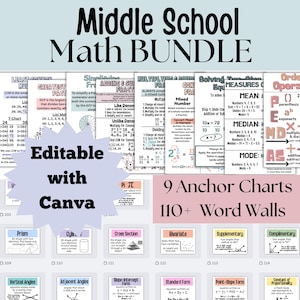 Könnte beinhalten: Ein Middle School Math Bundle mit 9 Ankerdiagrammen und über 110 Wortwänden. Das Bild enthält mathematische Konzepte wie Brüche, Geometrie und Algebra mit dem Text "Editable with Canva".