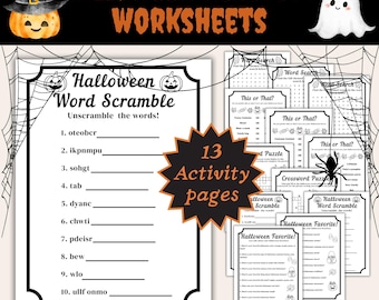 13 Halloween Activity Worksheets Word Search, Word Scramble, Crossword, This or That, Kids Printable Games, Teachers, Homeschooling