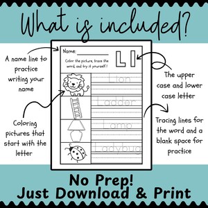 Puede incluir: Una hoja de trabajo imprimible con el texto "&iquest;Qu&eacute; est&aacute; incluido?" presenta una l&iacute;nea de nombre, dibujos para colorear y l&iacute;neas de trazado para las palabras lion, ladder, lamp y ladybug. Tambi&eacute;n se incluye el texto "No Prep! Just Download & Print".