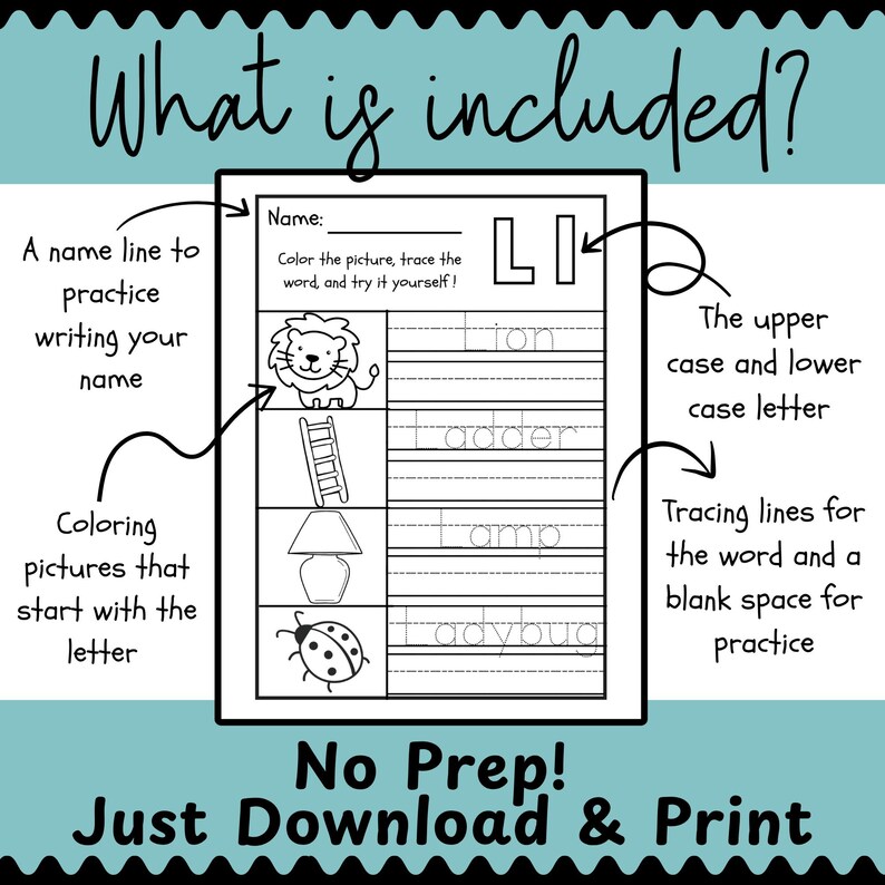 Puede incluir: Una hoja de trabajo imprimible con el texto "&iquest;Qu&eacute; est&aacute; incluido?" presenta una l&iacute;nea de nombre, dibujos para colorear y l&iacute;neas de trazado para las palabras lion, ladder, lamp y ladybug. Tambi&eacute;n se incluye el texto "No Prep! Just Download & Print".