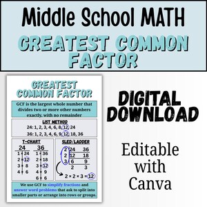 May include: A digital download maths worksheet for middle school students. The worksheet covers the Greatest Common Factor (GCF) with examples using the list method, T-chart, and sled/ladder methods. The text includes "Digital Download" and "Editable with Canva."