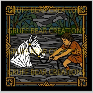 Puede incluir: Diseño de vidriera que representa un caballo blanco en el agua, guiado por una persona con una túnica marrón. La obra de arte tiene un borde decorativo y el texto "GRUFF BEAR CREATIONS". La paleta de colores incluye grises, marrones y dorados.