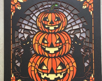 Halloween Stack of Jack O Lanterns with Black Cats Stained Glass Layered Design SVG - Dark Decor Spooky | Cricut Silhouette | Pumpkin Cat