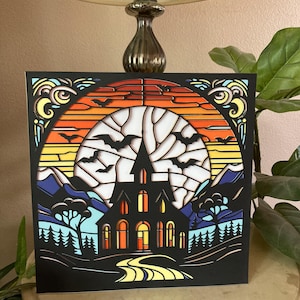 Haunted House with Bats & Sunset Stained Glass Design - SVG Cut File | Halloween Decoration  | Cricut Silhouette | shadowbox cards stickers