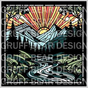 May include: A colorful stained glass style illustration of a mountain landscape with a river flowing through it. The sun is setting behind the mountains, casting a warm glow over the scene. The mountains are a mix of blue, green, and brown, and the river is a deep blue. The sky is a bright orange and yellow.